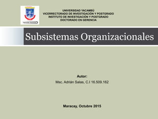 Autor:
Msc. Adrián Salas, C.I 16.509.162
Subsistemas Organizacionales
Maracay, Octubre 2015
UNIVERSIDAD YACAMBÚ
VICERRECTORADO DE INVESTIGACIÓN Y POSTGRADO
INSTITUTO DE INVESTIGACIÓN Y POSTGRADO
DOCTORADO EN GERENCIA
 