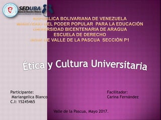 Participante: Facilitador:
Mariangelica Blanco Carina Fernández
C.I: 15245465
Valle de la Pascua, Mayo 2017.
 