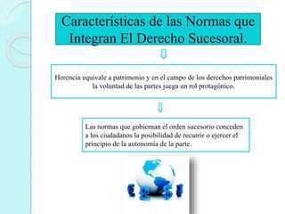 Características de las Normas que
Integran El Derecho Sucesoral.
Herencia equivale a patrimonio y en el campo de los derechos patrimoniales
la voluntad de las partes juega un rol protagónico.
Las normas que gobiernan el orden sucesorio conceden
a los ciudadanos la posibilidad de recurrir o ejercer el
principio de la autonomía de la parte.
 