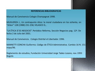 REFERENCIAS BIBLIOGRAFICAS
Manual de Convivencia Colegio Champagnat 1998.
MUGUERZA J., Un contrapunto ético: la moral ciudadana en los ochenta, en
"Arbor" 128 (1988) 231-258; VELASCO D.,
“LA ÉTICA SÍ ES NEGOCIO”. Periódico Reforma, Sección Negocios pag. 12ª. De
fecha 2 de Julio del 2001.
Manual de Convivencia . Colegio Distrital el Libertador. 1996.
NANNETTI CONCHA Guillermo. Código de ÉTICA Administrativa. Cambio 16 N. 151
mayo/96.
Reglamento de estudios, Fundación Universidad Jorge Tadeo Lozano, nov. 1993
Bogotá.
 