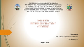 REPÚBLICA BOLIVARIANA DE VENEZUELA
MINISTERIO DEL PODER POPULAR PARALA DEFENSA
VICEMINISTERIO DE EDUCACIÓN PARA LA DEFENSA
UNIVERSIDAD MILITAR BOLIVARIANA DE VENEZUELA
CENTRO DE ESTUDIOS TÁCTICOS, TÉCNICO Y LOGÍSTICO
ESCUELA LOGISTICA G/B JOSE GABRIEL PEREZ
MAPA MIXTO
PROCESOS DE INTERACCIÓN Y
APRENDIZAJE
Participante:
TF. Tobías Andrés Herrera Montilla
C.I: 20.480.175
MAYO 2023
 