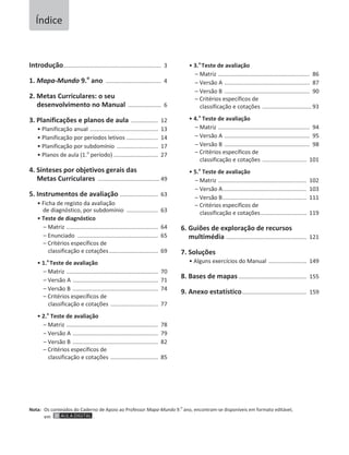 Introdução.............................................................. 3
1. Mapa-Mundo 9.o
ano ................................... 4
2. Metas Curriculares: o seu
desenvolvimento no Manual ..................... 6
3. Planificações e planos de aula ................. 12
ͻWůĂŶŝĨŝĐĂĕĆŽĂŶƵĂů ........................................... 13
ͻWůĂŶŝĨŝĐĂĕĆŽƉŽƌƉĞƌşŽĚŽƐůĞƚŝǀŽƐ.................... 14
ͻWůĂŶŝĨŝĐĂĕĆŽƉŽƌƐƵďĚŽŵşŶŝŽ .......................... 17
ͻWůĂŶŽƐĚĞĂƵůĂ;ϭ͘Ž
ƉĞƌşŽĚŽͿ ............................ 27
4. Sínteses por objetivos gerais das
Metas Curriculares ....................................... 49
5. Instrumentos de avaliação ........................ 63
ͻŝĐŚĂĚĞƌĞŐŝƐƚŽĚĂĂǀĂůŝĂĕĆŽ
ĚĞĚŝĂŐŶſƐƚŝĐŽ͕ƉŽƌƐƵďĚŽŵşŶŝŽ .................... 63
ͻTeste de diagnóstico
– DĂƚƌŝǌ .......................................................... 64
– ŶƵŶĐŝĂĚŽ ................................................... 65
– ƌŝƚĠƌŝŽƐĞƐƉĞĐşĨŝĐŽƐĚĞ
ĐůĂƐƐŝĨŝĐĂĕĆŽĞĐŽƚĂĕƁĞƐ............................... 69
ͻ1.o
Teste de avaliação
– DĂƚƌŝǌ .......................................................... 70
– sĞƌƐĆŽ ...................................................... 71
– sĞƌƐĆŽ ...................................................... 74
– ƌŝƚĠƌŝŽƐĞƐƉĞĐşĨŝĐŽƐĚĞ
ĐůĂƐƐŝĨŝĐĂĕĆŽĞĐŽƚĂĕƁĞƐ .............................. 77
ͻ2.o
Teste de avaliação
– DĂƚƌŝǌ .......................................................... 78
– sĞƌƐĆŽ ...................................................... 79
– sĞƌƐĆŽ ...................................................... 82
– ƌŝƚĠƌŝŽƐĞƐƉĞĐşĨŝĐŽƐĚĞ
ĐůĂƐƐŝĨŝĐĂĕĆŽĞĐŽƚĂĕƁĞƐ .............................. 85
ͻ3.o
Teste de avaliação
– DĂƚƌŝǌ .......................................................... 86
– sĞƌƐĆŽ ...................................................... 87
– sĞƌƐĆŽ ...................................................... 90
– ƌŝƚĠƌŝŽƐĞƐƉĞĐşĨŝĐŽƐĚĞ
ĐůĂƐƐŝĨŝĐĂĕĆŽĞĐŽƚĂĕƁĞƐ ............................... 93
ͻ4.o
Teste de avaliação
– DĂƚƌŝǌ .......................................................... 94
– sĞƌƐĆŽ ...................................................... 95
– sĞƌƐĆŽ ...................................................... 98
– ƌŝƚĠƌŝŽƐĞƐƉĞĐşĨŝĐŽƐĚĞ
ĐůĂƐƐŝĨŝĐĂĕĆŽĞĐŽƚĂĕƁĞƐ ............................ 101
ͻ5.o
Teste de avaliação
– DĂƚƌŝǌ ........................................................ 102
– sĞƌƐĆŽ..................................................... 103
– sĞƌƐĆŽ..................................................... 111
– ƌŝƚĠƌŝŽƐĞƐƉĞĐşĨŝĐŽƐĚĞ
ĐůĂƐƐŝĨŝĐĂĕĆŽĞĐŽƚĂĕƁĞƐ............................. 119
6. Guiões de exploração de recursos
multimédia ................................................... 121
7. Soluções
ͻůŐƵŶƐĞǆĞƌĐşĐŝŽƐĚŽDĂŶƵĂů ........................ 149
8. Bases de mapas ........................................... 155
9. Anexo estatístico......................................... 159
Nota: KƐĐŽŶƚĞƷĚŽƐĚŽĂĚĞƌŶŽĚĞƉŽŝŽĂŽWƌŽĨĞƐƐŽƌMapa-Mundo 9.
Ž
ĂŶŽ͕ĞŶĐŽŶƚƌĂŵ-ƐĞĚŝƐƉŽŶşǀĞŝƐĞŵĨŽƌŵĂƚŽĞĚŝƚĄǀĞů͕
Ğŵ .
1ŶĚŝĐĞ
 