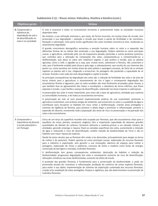 Editável e fotocopiável © Texto | Mapa-Mundo 9.o
ano 57
Subdomínio 2 (2) – Riscos mistos: hidrosfera, litosfera e biosfera (cont.)
Objetivos gerais Síntese
6. Compreender a
influência da
degradação do solo e
da desertificação no
meio e na sociedade.
O ƐŽůŽ Ġ ĞƐƐĞŶĐŝĂů Ă ƚŽĚŽƐ ŽƐ ĞĐŽƐƐŝƐƚĞŵĂƐ ƚĞƌƌĞƐƚƌĞƐ Ğ ƉƌĂƚŝĐĂŵĞŶƚĞ ƚŽĚĂƐ ĂƐ ĂƚŝǀŝĚĂĚĞƐ ŚƵŵĂŶĂƐ
ĚĞƉĞŶĚĞŵĚĞůĞ͘
EŽĞŶƚĂŶƚŽ͕ĂƐƵĂƵƚŝůŝǌĂĕĆŽŝŶƚĞŶƐŝǀĂĞ͕ƉŽƌǀĞǌĞƐ͕ĚĞĨŽƌŵĂŝŶĐŽƌƌĞƚĂ͕ĞŵŵƵŝƚĂƐĄƌĞĂƐĚŽŵƵŶĚŽ͕ƚĞŵ
ƉƌŽǀŽĐĂĚŽ Ă ƐƵĂ ĚĞŐƌĂĚĂĕĆŽ – ƉŽůƵŝĕĆŽ Ğ ĞƌŽƐĆŽ ƋƵĞ ůĞǀĂŵ ă ƉĞƌĚĂ ĚĞ ĨĞƌƚŝůŝĚĂĚĞ Ğ ĚĞ ŶƵƚƌŝĞŶƚĞƐ͕
ůŝǆŝǀŝĂĕĆŽĞƐĂůŝŶŝǌĂĕĆŽ͘ hŵĂƉĂƌƚĞŵƵŝƚŽƐŝŐŶŝĨŝĐĂƚŝǀĂĚŽƐƐŽůŽƐŵƵŶĚŝĂŝƐĞŶĐŽŶƚƌĂ-ƐĞůĞǀĞ͕ŵŽĚĞƌĂĚĂŽƵ
ƐĞǀĞƌĂŵĞŶƚĞĚĞŐƌĂĚĂĚĂ.
K ŐƌĂŶĚĞ ĐƌĞƐĐŝŵĞŶƚŽ ĚĞŵŽŐƌĄĨŝĐŽ ĂƵŵĞŶƚŽƵ Ă ƉƌĞƐƐĆŽ ŚƵŵĂŶĂ ƐŽďƌĞ ŽƐ ƐŽůŽƐ Ğ Ă ĞǆƉĂŶƐĆŽ ĚĂƐ
ĚŝĨĞƌĞŶƚĞƐ ĨŽƌŵĂƐ ĚĞ ŽƐ ƵƚŝůŝǌĂƌ ƚġŵ ĂĐĞůĞƌĂĚŽ Ă ƐƵĂ ĚĞŐƌĂĚĂĕĆŽ͘ WŽĚĞŵ ƐĂůŝĞŶƚĂƌ-ƐĞ ĐŽŵŽ ƉƌŝŶĐŝƉĂŝƐ
ĐĂƵƐĂƐ͗ ĂĂŐƌŝĐƵůƚƵƌĂ͕ƐŽďƌĞƚƵĚŽƉĞůŽƵƐŽĚĞŵĂƋƵŝŶĂƌŝĂƉĞƐĂĚĂ͕ƉĞƐƚŝĐŝĚĂƐĞŽƵƚƌŽƐƉƌŽĚƵƚŽƐƋƵşŵŝĐŽƐ͕
ƋƵĞ ĐŽŶƚƌŝďƵŝ ƉĂƌĂ Ă ĂůƚĞƌĂĕĆŽ ĚĂ ĐŽŵƉŽƐŝĕĆŽ ĚŽƐ ƐŽůŽƐ͕ ĐŽŵƉĂĐƚĂŶĚŽ-ŽƐ Ğ ĐŽŶƚĂŵŝŶĂŶĚŽ-ŽƐ͖ Ă
ĚĞƐĨůŽƌĞƐƚĂĕĆŽ͕ ƋƵĞ ĚĞŝǆĂ ŽƐ ƐŽůŽƐ ƐĞŵ ĐŽďĞƌƚƵƌĂ ǀĞŐĞƚĂů͕ Ž ƋƵĞ ĂĐĞůĞƌĂ Ă ĞƌŽƐĆŽ͕ ƉŽŝƐ ĂƐ ƉůĂŶƚĂƐ
ĂŐƌşĐŽůĂƐ͕ĐŽŵŽŽĐĂĨĠ͕ŽĂůŐŽĚĆŽŽƵĂƐŽũĂ͕ƋƵĞ͕ŵƵŝƚĂƐǀĞǌĞƐ͕ƐƵďƐƚŝƚƵĞŵĂĨůŽƌĞƐƚĂ͕ŶĆŽƐƵƐƚĞŶƚĂŵŽ
ƐŽůŽ͕ƋƵĞĠĨĂĐŝůŵĞŶƚĞĞƌŽĚŝĚŽƉĞůĂĐŚƵǀĂĞƉĞůĂƌĞŐĂ͖ŽƐŽďƌĞƉĂƐƚŽƌĞŝŽ͕ƋƵĞƌĞƐƵůƚĂĚŽƵƐŽŝŶƚĞŶƐŝǀŽĚŽƐ
ƉĂƐƚŽƐŽƵ͕ĐŽŵŽĂĐŽŶƚĞĐĞĞŵŵƵŝƚĂƐĄƌĞĂƐĚĞƐŽůŽƐƉŽďƌĞƐĞƉĂƐƚĂŐĞŶƐĞƐĐĂƐƐĂƐ͕ĚŽĨĂĐƚŽĚĞŽƐĂŶŝŵĂŝƐ
ƌĂƉĂƌĞŵĂƐƉůĂŶƚĂƐĂƚĠăƌĂŝǌ͕ĐŚĞŐĂŶĚŽĂĂƌƌĂŶĐĄ-ůĂƐ͘ƐƉĂƐƚĂŐĞŶƐǀĆŽƉĞƌĚĞŶĚŽĂĐĂƉĂĐŝĚĂĚĞĚĞƐĞ
ƌĞŶŽǀĂƌ͕ĨŝĐĂŶĚŽŽƐŽůŽĐĂĚĂǀĞǌŵĂŝƐĚĞƐƉƌŽƚĞŐŝĚŽĞƐƵũĞŝƚŽăĞƌŽƐĆŽ.
ƐƉƌŝŶĐŝƉĂŝƐĐŽŶƐĞƋƵġŶĐŝĂƐĚĂĚĞŐƌĂĚĂĕĆŽĚŽƐƐŽůŽƐƐĆŽ͗ĂƌĞĚƵĕĆŽĚĂĨĞƌƚŝůŝĚĂĚĞĚŽƐƐŽůŽƐĞĚĂĄƌĞĂĚĞ
ƚĞƌƌĂƐ ĂƌĄǀĞŝƐ ƉĂƌĂ Ă ĂŐƌŝĐƵůƚƵƌĂ͖ Ž ĂƐƐŽƌĞĂŵĞŶƚŽ ĚĞ ƌŝŽƐ Ğ ůĂŐŽƐ Ğ ĐŽŶƐĞƋƵĞŶƚĞ ĚĞŐƌĂĚĂĕĆŽ ĚŽƐ
ĞĐŽƐƐŝƐƚĞŵĂƐĨůƵǀŝĂŝƐĞůĂŐƵŶĂƌĞƐ͕ƉŽŝƐŽƐƐŽůŽƐĞƌŽĚŝĚŽƐƐĆŽŵĂŝƐĨĂĐŝůŵĞŶƚĞĂƌƌĂƐƚĂĚŽƐƉĞůĂƐĐŚƵǀĂƐ͕Ž
ƋƵĞƚĂŵďĠŵůĞǀĂĂŽĂŐƌĂǀĂŵĞŶƚŽĚĂƐĐŚĞŝĂƐĞŝŶƵŶĚĂĕƁĞƐ͖ŽĂďĂŶĚŽŶŽĚĞƚĞƌƌĂƐŝŶĨĠƌƚĞŝƐ͕ƋƵĞĨŝĐĂŵ
ĞǆƉŽƐƚĂƐăĞƌŽƐĆŽ͕ŽƋƵĞĨĂĐŝůŝƚĂŽĂǀĂŶĕŽĚĂĚĞƐĞƌƚŝĨŝĐĂĕĆŽ͕ƐŽďƌĞƚƵĚŽŶĂƐĄƌĞĂƐƚƌŽƉŝĐĂŝƐĞƐƵďƚƌŽƉŝĐĂŝƐ.
ƉƌĞƐĞƌǀĂĕĆŽĚŽƐƐŽůŽƐĠŵƵŝƚŽŝŵƉŽƌƚĂŶƚĞ͕ƉŽŝƐĞƐƚĞƐƐĆŽĂďĂƐĞĚĂĂŐƌŝĐƵůƚƵƌĂ͕ĂƚŝǀŝĚĂĚĞƋƵĞƐƵƐƚĞŶƚĂ
ĂƐĐŽŵƵŶŝĚĂĚĞƐŚƵŵĂŶĂƐ͕ĞĚĞƚŽĚŽƐŽƐĞĐŽƐƐŝƐƚĞŵĂƐƚĞƌƌĞƐƚƌĞƐ͘
 ƉƌĞƐĞƌǀĂĕĆŽ ĚŽ ƐŽůŽ Ɛſ ƐĞƌĄ ƉŽƐƐşǀĞů ŝŵƉůĞŵĞŶƚĂŶĚŽ ƉƌĄƚŝĐĂƐ ĚĞ ƵƐŽ ƐƵƐƚĞŶƚĄǀĞů͗ ƉƌŽŵŽǀĞƌ Ă
ĂŐƌŝĐƵůƚƵƌĂƐƵƐƚĞŶƚĄǀĞů͕ĐŽŵƉƌĄƚŝĐĂƐĂŵŝŐĂƐĚŽĂŵďŝĞŶƚĞ͕ƋƵĞƉƌĞƐĞƌǀĞŵŽƐƐŽůŽƐĞĂƋƵĂůŝĚĂĚĞĚĂĄŐƵĂĞ
ĐŽŶƚƌŝďƵĂŵ ƉĂƌĂ ƌĞĐƵƉĞƌĂƌ ŽƐ habitats Ğŵ ƌŝƐĐŽ͖ ĞǀŝƚĂƌ Ă ĚĞƐĨůŽƌĞƐƚĂĕĆŽ͕ ĐƌŝĂŶĚŽ ĄƌĞĂƐ ƉƌŽƚĞŐŝĚĂƐ Ğ
ƐŝƐƚĞŵĂƐ ĚĞ ǀŝŐŝůąŶĐŝĂ ĚĂ ĨůŽƌĞƐƚĂ͕ ƉĂƌĂ ƉƌĞǀĞŶŝƌ Ž ĂďĂƚĞ ŝůĞŐĂů Ğ ƉƌŽŵŽǀĞƌ Ă ƌĞĨůŽƌĞƐƚĂĕĆŽ͖ ƉƌĞǀĞŶŝƌ Ă
ĞǆƉĂŶƐĆŽĚŽĚĞƐĞƌƚŽ͕ĞŶǀŽůǀĞŶĚŽƚŽĚĂĂƉŽƉƵůĂĕĆŽĚĂƐĄƌĞĂƐĚĞƌŝƐĐŽŶĂƉƌĞƐĞƌǀĂĕĆŽĞƌĞĐƵƉĞƌĂĕĆŽĚŽƐ
ƐŽůŽƐĞĚŽƐĞĐŽƐƐŝƐƚĞŵĂƐ͘
7. Compreender a
importância da floresta
à escala planetária e
em Portugal.
ĞƌĐĂĚĞƵŵƚĞƌĕŽĚĂƐƵƉĞƌĨşĐŝĞŵƵŶĚŝĂůĞƐƚĄŽĐƵƉĂĚĂƉŽƌĨůŽƌĞƐƚĂƐ͕ƋƵĞƐĆŽĞĐŽƐƐŝƐƚĞŵĂƐǀŝƚĂŝƐƉĂƌĂŽ
ĞƋƵŝůşďƌŝŽ ĚŽ ŶŽƐƐŽ ƉůĂŶĞƚĂ͗ ƉƌŽĚƵǌĞŵ ŽǆŝŐĠŶŝŽ͖ ƚġŵ Ă ŝŵƉŽƌƚĂŶƚĞ ĐĂƉĂĐŝĚĂĚĞ ĚĞ ĂďƐŽƌǀĞƌ ŐƌĂŶĚĞƐ
ƋƵĂŶƚŝĚĂĚĞƐ ĚĞ ĚŝſǆŝĚŽ ĚĞ ĐĂƌďŽŶŽ͖ ĨŽƌŶĞĐĞŵ ĂůŝŵĞŶƚŽ Ğ ŵĂƚĠƌŝĂƐ-ƉƌŝŵĂƐ Ă Ƶŵ ĞůĞǀĂĚŽ ŶƷŵĞƌŽ ĚĞ
ĂƚŝǀŝĚĂĚĞƐ͕ŐĞƌĂŶĚŽĞŵƉƌĞŐŽĞƌŝƋƵĞǌĂ͖ĨŝǆĂŵĂƐĐĂŵĂĚĂƐƐƵƉĞƌĨŝĐŝĂŝƐĚŽƐƐŽůŽƐ͕ĂƵŵĞŶƚĂŶĚŽĂƌĞƚĞŶĕĆŽ
ĚĂ ĄŐƵĂ Ğ ƌĞĚƵǌŝŶĚŽ Ž ƌŝƐĐŽ ĚĞ ĚĞƐĞƌƚŝĨŝĐĂĕĆŽ͖ ĐŽŶƚġŵ ŵĞƚĂĚĞ ĚĂ ďŝŽĚŝǀĞƌƐŝĚĂĚĞ ĚĂ dĞƌƌĂ Ğ ƐĆŽ ŽƐ
habitats ĐŽŵŵĂŝŽƌƌŝƋƵĞǌĂĚĞĞƐƉĠĐŝĞƐ͘
ĞƐĚĞŚĄǀĄƌŝŽƐƐĠĐƵůŽƐƋƵĞĂƐĨůŽƌĞƐƚĂƐƚġŵǀŝŶĚŽĂƐĞƌĚĞƐƚƌƵşĚĂƐ͕ƉƌŝŶĐŝƉĂůŵĞŶƚĞƉĂƌĂĂůĂƌŐĂƌĂƐƚĞƌƌĂƐ
ĚĞĐƵůƚŝǀŽĞ ĚĞƉĂƐƚŽƌĞŝŽ͘WŽĚĞŵĂƉŽŶƚĂƌ-ƐĞ ĐŽŵŽƉƌŝŶĐŝƉĂŝƐĐĂƵƐĂƐ͗ĞǆƉůŽƌĂĕĆŽĚĞƌĞĐƵƌƐŽƐĨůŽƌĞƐƚĂŝƐ
ƉĂƌĂ Ă ŝŶĚƷƐƚƌŝĂ Ğ ĞǆƉŽƌƚĂĕĆŽ͕ ƐĞŵ ŐĂƌĂŶƚŝƌ Ă ƐƵĂ ƌĞŶŽǀĂĕĆŽ͖ ĂďĞƌƚƵƌĂ ĚĞ ĞƐƉĂĕŽƐ ƉĂƌĂ ĐƵůƚŝǀŽ Ğ
ƉĂƐƚĂŐĞŶƐ͖ ĞǆƉůŽƌĂĕĆŽ ĚĞ ŵŝŶĂƐ Ğ ƉĞĚƌĞŝƌĂƐ͖ ĐŽŶƐƵŵŽ ĚĞ ůĞŶŚĂ Ğ ŵĂĚĞŝƌĂ ĐŽŵŽ ĨŽŶƚĞ ĚĞ ĞŶĞƌŐŝĂ͖
ĐŽŶƐƚƌƵĕĆŽĚĞďĂƌƌĂŐĞŶƐĞĞƐƚƌĂĚĂƐ͖ŝŶĐġŶĚŝŽƐĨůŽƌĞƐƚĂŝƐ͘
 ĚĞƐĨůŽƌĞƐƚĂĕĆŽ ƚĞŵ ŐƌĂǀĞƐ ĐŽŶƐĞƋƵġŶĐŝĂƐ ĂŵďŝĞŶƚĂŝƐ͗ ĚĞƐƚƌƵŝĕĆŽ ĚĞ habitats Ğ ƌĞĚƵĕĆŽ ĚĂ
ďŝŽĚŝǀĞƌƐŝĚĂĚĞ͖ ƉƌŽŐƌĞƐƐŝǀĂ ĚĞŐƌĂĚĂĕĆŽ ĚŽƐ ƐŽůŽƐ Ğ ĐŽŶƐĞƋƵĞŶƚĞ ĂƵŵĞŶƚŽ ĚŽ ƌŝƐĐŽ ĚĞ ĚĞƐĞƌƚŝĨŝĐĂĕĆŽ͖
ĂůƚĞƌĂĕƁĞƐĐůŝŵĄƚŝĐĂƐŶĂƐĄƌĞĂƐĚĞƐĨůŽƌĞƐƚĂĚĂƐ͖ĂƵŵĞŶƚŽĚŽĞĨĞŝƚŽĚĞĞƐƚƵĨĂ͘
 ƉƌŽƚĞĕĆŽ ĚĂƐ ŐƌĂŶĚĞƐ ĨůŽƌĞƐƚĂƐ Ġ ĨƵŶĚĂŵĞŶƚĂů ƉĂƌĂ Ă ƉƌĞƐĞƌǀĂĕĆŽ ĚĂ ďŝŽĚŝǀĞƌƐŝĚĂĚĞ͕ Ğ ƉŽĚĞ ƐĞƌ
ƉƌŽŵŽǀŝĚĂ ĂƚƌĂǀĠƐ ĚĞ͗ ŝŶĐĞŶƚŝǀŽƐ ă ƌĞĨůŽƌĞƐƚĂĕĆŽ͖ ƉƌŽŝďŝĕĆŽ ĚŽ ĐŽŵĠƌĐŝŽ ĚĞ ĐĞƌƚĂƐ ĞƐƉĠĐŝĞƐ ĨůŽƌĞƐƚĂŝƐ͕
ƉĂƌĂĞǀŝƚĂƌŽƐĞƵĂďĂƚĞ͖ŝŵƉůĞŵĞŶƚĂĕĆŽĚĞƐŝƐƚĞŵĂƐĚĞĞǆƉůŽƌĂĕĆŽƐƵƐƚĞŶƚĂĚĂĚŽƐƌĞĐƵƌƐŽƐĨůŽƌĞƐƚĂŝƐ͖
ĐƌŝĂĕĆŽĞͬŽƵĂŵƉůŝĂĕĆŽĚĞĄƌĞĂƐƉƌŽƚĞŐŝĚĂƐ͖ůŝŵƉĞǌĂĞǀŝŐŝůąŶĐŝĂ͕ƋƵĞƐĆŽ ĚĞƚĞƌŵŝŶĂŶƚĞƐŶĂƉƌĞǀĞŶĕĆŽĚĞ
ŝŶĐġŶĚŝŽƐ ĨůŽƌĞƐƚĂŝƐ͘
 