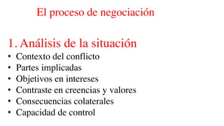El proceso de negociación
1. Análisis de la situación
• Contexto del conflicto
• Partes implicadas
• Objetivos en intereses
• Contraste en creencias y valores
• Consecuencias colaterales
• Capacidad de control
 