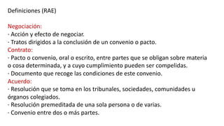 Definiciones (RAE)
Negociación:
· Acción y efecto de negociar.
· Tratos dirigidos a la conclusión de un convenio o pacto.
Contrato:
· Pacto o convenio, oral o escrito, entre partes que se obligan sobre materia
o cosa determinada, y a cuyo cumplimiento pueden ser compelidas.
· Documento que recoge las condiciones de este convenio.
Acuerdo:
· Resolución que se toma en los tribunales, sociedades, comunidades u
órganos colegiados.
· Resolución premeditada de una sola persona o de varias.
· Convenio entre dos o más partes.
 