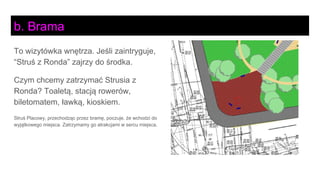 b. Brama
To wizytówka wnętrza. Jeśli zaintryguje,
“Struś z Ronda” zajrzy do środka.
Czym chcemy zatrzymać Strusia z
Ronda? Toaletą, stacją rowerów,
biletomatem, ławką, kioskiem.
Struś Placowy, przechodząc przez bramę, poczuje, że wchodzi do
wyjątkowego miejsca. Zatrzymamy go atrakcjami w sercu miejsca.
 