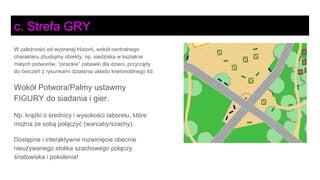 W zależności od wybranej Historii, wokół centralnego
charakteru zbudujmy obiekty: np. siedziska w kształcie
małych potworów, “pirackie” zabawki dla dzieci, przyrządy
do ćwiczeń z rysunkami działania układu krwionoślnego itd.
Wokół Potwora/Palmy ustawmy
FIGURY do siadania i gier.
Np. krążki o średnicy i wysokości taboretu, które
można ze sobą połączyć (warcaby/szachy).
Dostępne i interaktywne rozwinięcie obecnie
nieużywanego stolika szachowego połączy
środowiska i pokolenia!
c. Strefa GRY
 