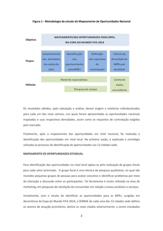 Figura 1 - Metodologia de estudo do Mapeamento de Oportunidades Nacional




Os resultados obtidos, após tabulação e análise, deram origem a relatórios individualizados
para cada um dos nove setores, nos quais foram apresentadas as oportunidades nacionais
mapeadas e suas respectivas densidades, assim como os requisitos de contratação exigidos
pelo mercado.

Finalmente, após o mapeamento das oportunidades em nível nacional, foi realizada a
identificação das oportunidades em nível local. Na próxima seção, é explicada a estratégia
utilizada no processo de identificação de oportunidades nas 12 cidades-sede.

MAPEAMENTO DE OPORTUNIDADES ESTADUAL


Para identificação das oportunidades no nível local optou-se pela realização de grupos focais
para cada setor priorizado. O grupo focal é uma técnica de pesquisa qualitativa, no qual são
reunidos pequenos grupos de pessoas para avaliar conceitos e identificar problemas por meio
da interação e discussão entre os participantes. Tal ferramenta é muito utilizada na área de
marketing, em pesquisas de satisfação do consumidor em relação a novos produtos e serviços.

Inicialmente, com o intuito de identificar as oportunidades para as MPEs, surgidas em
decorrência da Copa do Mundo FIFA 2014, o SEBRAE de cada uma das 12 cidades-sede definiu
os setores de atuação prioritários, dentre os nove citados anteriormente, a serem estudados

                                              2
 