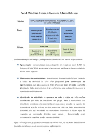Figura 2 - Metodologia de estudo do Mapeamento de Oportunidades locais




Conforme exemplificado na figura, cada grupo focal foi estruturado em três etapas distintas:

        Apresentação – contextualização dos participantes em relação ao papel da FGV no
        Programa SEBRAE 2014. Nessa etapa, foi apresentado a elaboração da metodologia do
        estudo e seus objetivos.


        Mapeamento de oportunidades – preenchimento de questionário fechado contendo
        a cadeia de atividades de cada setor pesquisado para identificação de
        oportunidades para as pequenas e micro empresas locais em cada segmento
        priorizado. Dadas as orientações de preenchimento, cada participante respondeu o

        questionário individualmente.


        Identificação de dificuldades e propostas de ação – coleta de informações
        qualitativas por meio de discussões em grupo. Para o levantamento das

        dificuldades percebidas pelos especialistas em sua área de atuação e a sugestão de
        propostas de ação foi utilizado um instrumento de coleta de dados especialmente
        elaborado para essa finalidade. Tal instrumento considerava os quatro tipos de
        requisitos de contratação definidos neste estudo – documentação geral;
        documentação específica; gestão; e sustentabilidade.

Após a realização dos grupos focais em todas as cidades-sede, os resultados obtidos foram
tabulados e analisados, sendo apresentados na seção seguinte.

                                              4
 