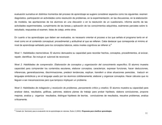 evaluación sumativa en distintos momentos del proceso de aprendizaje se sugiere considerar aspectos como los siguientes: examen
diagnóstico, participación en actividades como resolución de problemas, en la experimentación, en las discusiones, en la elaboración
de modelos, las aportaciones de los alumnos en una discusión o en la resolución de un cuestionario, informe escrito de las
actividades experimentales, cumplimiento de las tareas y aplicación de los conocimientos adquiridos, exámenes parciales sobre lo
estudiado, respuestas al examen, listas de cotejo, entre otros.


En cuanto a los aprendizajes que deben ser evaluados, es necesario orientar el proceso a los que señala el programa tanto en el
nivel como en el contenido conceptual, procedimental y actitudinal al que se refieren. Cabe destacar que corresponde al mínimo el
nivel de aprendizaje señalado para los conceptos básicos, estos niveles cognitivos se refieren a:8


Nivel 1. Habilidades memorísticas. El alumno demuestra su capacidad para recordar hechos, conceptos, procedimientos, al evocar,
repetir, identificar. Se incluye el subnivel de reconocer.


Nivel 2. Habilidades de comprensión. Elaboración de conceptos y organización del conocimiento específico. El alumno muestra
capacidad para comprender los contenidos escolares, elaborar conceptos; caracterizar, expresar funciones, hacer deducciones,
inferencias, generalizaciones, discriminaciones, predecir tendencias, explicar, transferir a otras situaciones parecidas, traducir en
lenguajes simbólicos y en el lenguaje usado por los alumnos cotidianamente; elaborar y organizar conceptos. Hacer cálculos que no
lleguen a ser mecanizaciones pero que tampoco impliquen un problema.


Nivel 3. Habilidades de indagación y resolución de problemas, pensamiento crítico y creativo. El alumno muestra su capacidad para
analizar datos, resultados, gráficas, patrones, elabora planes de trabajo para probar hipótesis, elabora conclusiones, propone
mejoras, analiza y organiza resultados, distingue hipótesis de teorías, conclusiones de resultados, resuelve problemas, analiza
críticamente.



8
    Tomado de: Seminario para la evaluación de los aprendizajes en ciencias, Rubro 4 (2002). Propuesta para clasificar aprendizajes.
                                                                                                                                       11
 