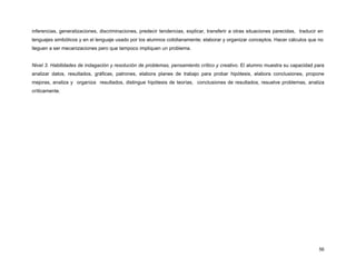 inferencias, generalizaciones, discriminaciones, predecir tendencias, explicar, transferir a otras situaciones parecidas, traducir en
lenguajes simbólicos y en el lenguaje usado por los alumnos cotidianamente; elaborar y organizar conceptos. Hacer cálculos que no
lleguen a ser mecanizaciones pero que tampoco impliquen un problema.


Nivel 3. Habilidades de indagación y resolución de problemas, pensamiento crítico y creativo. El alumno muestra su capacidad para
analizar datos, resultados, gráficas, patrones, elabora planes de trabajo para probar hipótesis, elabora conclusiones, propone
mejoras, analiza y organiza resultados, distingue hipótesis de teorías, conclusiones de resultados, resuelve problemas, analiza
críticamente.




                                                                                                                                   56
 