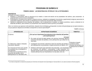 PROGRAMA DE QUÍMICA IV
                                       PRIMERA UNIDAD. LAS INDUSTRIAS DEL PETRÓLEO Y DE LA PETROQUÍMICA

PROPÓSITOS
Al finalizar la Unidad, el alumno:
• Ampliará su conocimiento sobre la estructura de la materia, a través del estudio de las propiedades del carbono, para comprender el
     comportamiento químico de sus compuestos.
• Profundizará en el estudio de la reacción y enlaces químicos, mediante la investigación documental y experimental de algunas reacciones de
     compuestos orgánicos, para conocer su importancia en la producción de productos útiles al hombre.
• Valorará la importancia de las industrias del petróleo y de la petroquímica al analizar su impacto económico, social y ambiental en el
     desarrollo de México, para contribuir a la comprensión de la interacción entre la química y la sociedad.

Nota: Los números que aparecen entre paréntesis, después de las estrategias, corresponden al número del aprendizaje que se espera alcanzar y,
                                                                            24
los que aparecen después de la temática corresponden al nivel de aprendizaje .
                                                                                                                           TIEMPO: 38 horas

                APRENDIZAJES                                                     ESTRATEGIAS SUGERIDAS                                                         TEMÁTICA

El alumno:                                           ¿Por qué son importantes los productos de las industrias del petróleo
                                                                             y de la petroquímica?
                                                                                                                      (4 horas)
                                                       Por medio de lluvia de ideas solicitar a los alumnos mencionar algunos
                                                       productos derivados del petróleo y de la petroquímica que utilicen en la
                                                       vida diaria.
                                                                                                                                   Productos e impacto
A1. Selecciona, analiza e interpreta                    Investigación documental o electrónica sobre las industrias del petróleo y económico de las
información relevante.                                  de la petroquímica, sus productos e impacto económico en México. (A1) industrias del petróleo y de
                                                                                                                                   la petroquímica en México.
A2. Comunica en forma oral y escrita                    Analizar la información para responder a las preguntas: ¿son importantes (N1)
los resultados de su investigación y                    los productos del petróleo?, ¿renunciarías a tales productos? En
sus opiniones.                                          discusión grupal concluir que los productos obtenidos del petróleo y de la
A3. Reconoce la importancia de los                      industria petroquímica son importantes en la vida diaria. (A2, A3)
productos del petróleo y de la
petroquímica en su vida diaria. (N1)




24
     Los niveles corresponden a la taxonomía propuesta por el Seminario de Evaluación de los Aprendizajes en Ciencias (Rubro 4), los cuales se precisan al final del programa.

                                                                                                                                                                                 72
 