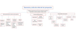 Organiza y administra los recursos, da forma al proyecto
teniendo en cuenta su alcance, tiempo y costo.
Rol del profesional en Gerencia del proyecto
Planifica
Ejecuta Controla
recursos
Meta
Ciclo de vida del proyecto
Fase inicial
Acta de
constitución.
Fase
intermedia
Avances
Fase final Producto
final
Responsables del proyecto
Director
del
proyecto
Cliente o
usuario
Ejecutores
del proyecto
Ejecutores del
proyecto
Equipo del
proyecto
Equipo de
dirección
Patrocinador
PMO
Otros
Objetivos
propuest
os
Cumplimiento
de objetivos
propuestos
Tiempoo
costo
recurso
humanoy
material
Realización
de las
acciones
planificadas
 