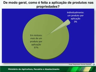 De modo geral, como é feita a aplicação de produtos nas
propriedades?
Fonte: Pesquisador Dionísio Gazziero
 