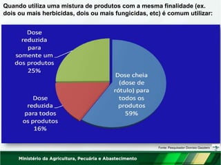 Quando utiliza uma mistura de produtos com a mesma finalidade (ex.
dois ou mais herbicidas, dois ou mais fungicidas, etc) é comum utilizar:
Fonte: Pesquisador Dionísio Gazziero
 