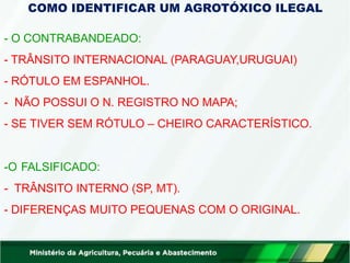 COMO IDENTIFICAR UM AGROTÓXICO ILEGAL
- O CONTRABANDEADO:
- TRÂNSITO INTERNACIONAL (PARAGUAY,URUGUAI)
- RÓTULO EM ESPANHOL.
- NÃO POSSUI O N. REGISTRO NO MAPA;
- SE TIVER SEM RÓTULO – CHEIRO CARACTERÍSTICO.
-O FALSIFICADO:
- TRÂNSITO INTERNO (SP, MT).
- DIFERENÇAS MUITO PEQUENAS COM O ORIGINAL.
 