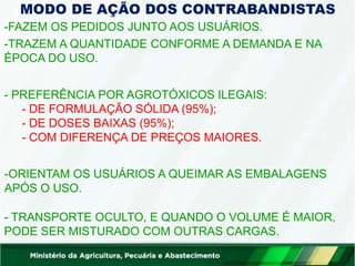 MODO DE AÇÃO DOS CONTRABANDISTAS
-FAZEM OS PEDIDOS JUNTO AOS USUÁRIOS.
-TRAZEM A QUANTIDADE CONFORME A DEMANDA E NA
ÉPOCA DO USO.
- PREFERÊNCIA POR AGROTÓXICOS ILEGAIS:
- DE FORMULAÇÃO SÓLIDA (95%);
- DE DOSES BAIXAS (95%);
- COM DIFERENÇA DE PREÇOS MAIORES.
-ORIENTAM OS USUÁRIOS A QUEIMAR AS EMBALAGENS
APÓS O USO.
- TRANSPORTE OCULTO, E QUANDO O VOLUME É MAIOR,
PODE SER MISTURADO COM OUTRAS CARGAS.
 