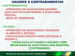 USUÁRIO X CONTRABANDISTAS
- CONTRABANDISTAS:
- APREENSÃO DE QUANTIDADES MAIORES;
- AÇÃO DAS POLÍCIAS FEDERAL E RODOVIÁRIA
FEDERAL;
- REDE DE CRIMINOSOS.
- USUÁRIO:
- APREENSÃO DE QUANTIDADES PEQUENAS;
- ALIMENTAM O SISTEMA;
- FISCALIZAÇÃO AGROPECUÁRIA (ESTADUAL E
FEDERAL);
O MAPA ESTÁ AUTUANDO O USUÁRIO COMO
IMPORTADOR DE AGROTÓXICO SEM REGISTRO
(CONTRABANDO)
 