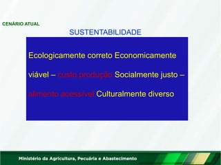 Ecologicamente correto Economicamente
viável – custo produção Socialmente justo –
alimento acessível Culturalmente diverso
SUSTENTABILIDADE
CENÁRIO ATUAL
 