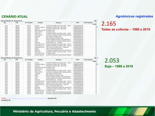 Agrotóxicos registrados
CENÁRIO ATUAL
2.165
Todas as culturas – 1988 a 2019
Fonte: http://indicadores.agricultura.gov.br/agrofit/index.htm (acesso em
24/06/2019)
2.053
Soja – 1988 a 2019
 