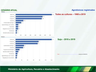 Agrotóxicos registrados
CENÁRIO ATUAL
Todas as culturas – 1988 a 2019
Soja – 2018 e 2019
Fonte: http://indicadores.agricultura.gov.br/agrofit/index.htm (acesso em 24/06/2019)
 