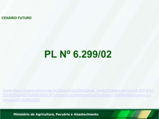PL Nº 6.299/02
Fonte:https://www.camara.leg.br/proposicoesWeb/prop_mostrarintegra;jsessionid=A3F3041
5919FD5606B27DA86389DE2F7.proposicoesWebExterno2?codteor=1669849&filename=Tra
mitacao-PL+6299/2002
CENÁRIO FUTURO
 