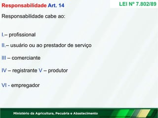 I.– profissional
II.– usuário ou ao prestador de serviço
III – comerciante
IV – registrante V – produtor
VI - empregador
LEI Nº 7.802/89
Responsabilidade Art. 14
Responsabilidade cabe ao:
 