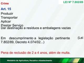 (Lei
Dar destinação a resíduos e embalagens vazias
Em descumprimento a legislação pertinente
7.802/89, Decreto 4.074/02...)
Pena de reclusão de 2 a 4 anos, além de multa.
LEI Nº 7.802/89
Crime
Art. 15
Produzir
Transportar
Aplicar
Prestar Serviço
 