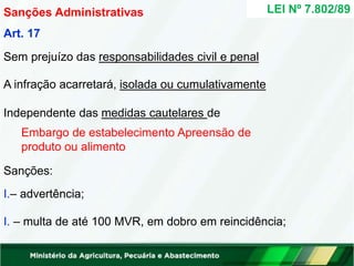 Sem prejuízo das responsabilidades civil e penal
A infração acarretará, isolada ou cumulativamente
Independente das medidas cautelares de
Embargo de estabelecimento Apreensão de
produto ou alimento
Sanções:
I.– advertência;
I. – multa de até 100 MVR, em dobro em reincidência;
LEI Nº 7.802/89
Sanções Administrativas
Art. 17
 
