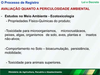 Lei e Decreto
AVALIAÇÃO QUANTO A PERICULOSIDADE AMBIENTAL
- Estudos no Meio Ambiente - Ecotoxicologia
- Propriedades Físico-Químicas do produto;
-Toxicidade para microorganismos, microcrustáceos,
peixes, algas, organismos de solo, aves, plantas e insetos
não-alvos;
-Comportamento no Solo – bioacumulação, persistência,
mobilidade;
- Toxicidade para animais superiores.
O Processo de Registro
 