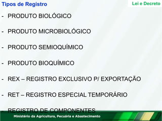 - PRODUTO BIOLÓGICO
- PRODUTO MICROBIOLÓGICO
- PRODUTO SEMIOQUÍMICO
- PRODUTO BIOQUÍMICO
- REX – REGISTRO EXCLUSIVO P/ EXPORTAÇÃO
- RET – REGISTRO ESPECIAL TEMPORÁRIO
- REGISTRO DE COMPONENTES
Lei e Decreto
Tipos de Registro
 
