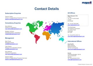 © Mapa Research March 2015
Management
Mark Pavan
Managing Director
mark@maparesearch.com
Clare Warren
Research and Operations Director
clare@maparesearch.com
Ross Methven
Director of Consultancy
ross.methven@maparesearch.com
Mapa Research HQ
4th floor
101-102 Turnmill street
London
EC1M 5QP
Tel: +44 207 566 3940
www.maparesearch.com
Mapa Consultancy and
Subscription Enquiries
Ross Methven
Director of Consultancy
ross.methven@maparesearch.com
Meaghan Johnson
Associate Director, Consultancy
meaghan@maparesearch.com
Alexander Hertzell
Senior Consultant (Nordics)
alexander@maparesearch.com
Mark Donohue
Regional Director (APAC)
mark.donohue@maparesearch.com
International Offices
Asia Pacific
Mark Donohue
Regional Director
Tel: +61 419 132 492
mark.donohue@maparesearch.com
Nordic
Gustavslundsvägen 143 5tr
167 51 Stockholm
Sweden
Tel: +46 (0)8 509 074 05
nordics@maparesearch.com
UK Offices
The Watchtower
St Cuthbert's Churchyard
7A Lothian Road
Edinburgh
EH1 2EP
Tel: +44 (0)7710 305 112
ross.methven@maparesearch.com
Contact Details
 