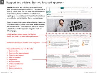 2 
DNB (NO) together with the Dutch banks stand out as being very start-up focused. In May 2014 DNB launched a ’Start-up Solver’ team. You can reach this dedicated team of advisors via phone, weekdays 8-17. The team of experts gives you good tips and help on how to take things forward. Below we highlight the ’Start a business’ page. During the spring DNB conducted a poll asking if a start-up forum would be a good thing. 91% of the respondents said yes and as a result a forum went live. The forum sits on a Labs site, but selected topics are integrated nicely on different pages. 
Support and advice: Start-up focused approach 
In DNB we have a team named the ’Start-up Solver’. We know a lot about starting a business... 
Most recent discussions from the forum integrated 
9 sub-sections that you can dive into: 
1. 
Business idea 
2. 
Business plan (see next page) 
3. 
Financing and support 
4. 
Type of company 
5. 
Registration 
6. 
Tools and forms 
7. 
Webinar and Seminar 
8. 
Inspiration 
9. 
Become a customer 
September 2014 – Page 5 © Mapa International Ltd 
 