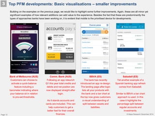 © Mapa Research December 2014
Top PFM developments: Basic visualisations – smaller improvements
Building on the examples on the previous page, we would like to highlight some further improvements. Again, these are all minor yet
significant examples of how relevant additions can add value to the experience. Besides the fact that these are predominantly the
types of approaches banks have been working on, it is evident that mobile is the prioritised device for developments.
Bank of Melbourne (AUS)
Customers can choose to
activate a quick balance
feature including a
barometer indicating where
your balance sit in relation
to pre-set thresholds.
Comm. Bank (AUS)
Following an app relaunch
Q1 this year total credits and
debits and net position are
now displayed straight after
login.
As it stands accounts and
cards are included. This can
help customers to get a
better feel for their overall
finances.
BBVA (ES)
The bank has recently
introduced an app re-design.
The landing page after login
lists all your products with
the bank and a bar chart at
the top now gives customers
a visual understanding of
split between assets and
liabilities.
Sabadell (ES)
Yet another example of a
Spanish banking app refresh
comes from Sabadell.
Similar to BBVA a bar chart
approach is used. In this
case it highlights the
percentage split between
regular accounts and
investments.
3
Page 12
 