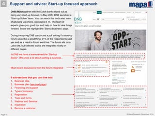 © Mapa Research December 2014
4
DNB (NO) together with the Dutch banks stand out as
being very start-up focused. In May 2014 DNB launched a
’Start-up Solver’ team. You can reach this dedicated team
of advisors via phone, weekdays 8-17. The team of
experts gives you good tips and help on how to take things
forward. Below we highlight the ’Start a business’ page.
During the spring DNB conducted a poll asking if a start-up
forum would be a good thing. 91% of the respondents said
yes and as a result a forum went live. The forum sits on a
Labs site, but selected topics are integrated nicely on
different pages.
Support and advice: Start-up focused approach
In DNB we have a team named the ’Start-up
Solver’. We know a lot about starting a business...
Most recent discussions from the forum integrated
9 sub-sections that you can dive into:
1. Business idea
2. Business plan (see next page)
3. Financing and support
4. Type of company
5. Registration
6. Tools and forms
7. Webinar and Seminar
8. Inspiration
9. Become a customer
Page 16
 