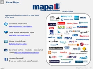 © Mapa Research December 2014
OUR CLIENTS
@ About Mapa
Use our social media resources to keep ahead
of the game
Subscribe to our RSS feed
www.maparesearch.com/news/rss
Follow what we are saying on Twitter
www.twitter.com/maparesearch
Join our LinkedIn Group:
Digital Banking Innovation
Subscribe to our free e-newsletter – Mapa Market
Monitor http://www.maparesearch.com/news
Like us on Facebook!
Or just see what is new in Mapa Research
Page 22
 