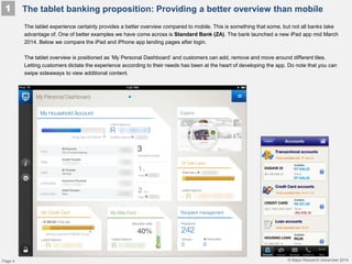 © Mapa Research December 2014
1 The tablet banking proposition: Providing a better overview than mobile
Page 4
The tablet experience certainly provides a better overview compared to mobile. This is something that some, but not all banks take
advantage of. One of better examples we have come across is Standard Bank (ZA). The bank launched a new iPad app mid March
2014. Below we compare the iPad and iPhone app landing pages after login.
The tablet overview is positioned as ’My Personal Dashboard’ and customers can add, remove and move around different tiles.
Letting customers dictate the experience according to their needs has been at the heart of developing the app. Do note that you can
swipe sideaways to view additional content.
 