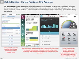 © Mapa Research December 2014
Mobile Banking – Current Provision: PFM Approach2
The landing pages, or home screen, within mobile banking apps varies from the visual with a high level of functionality to the basic
and transactional led. Below are examples of banks that take a more visual approach, which include graphical representations of
account balances, or available credit, and a number of links to functionalities ranging from secure messaging, special offers, budgeting
and payments.
BNP Paribas and Hello! Bank (FR) offer a highly visual home screen
with a visual representation of a customers balance by month.
Furthermore, BNP highlights customers recent spending via icons
and colours
Societe Generale (FR)
similarly has a visual
representation of the
customers balance based on a
set threshold. Furthermore, it
has an icon driven navigation
Barclaycard (UK) provides
customers with a visual
representation of their
available credit
Page 8
 