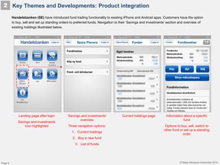 © Mapa Research December 2014
Handelsbanken (SE) have introduced fund trading functionality to existing iPhone and Android apps. Customers have the option
to buy, sell and set up standing orders to preferred funds. Navigation to their ’Savings and investments’ section and overview of
existing holdings illustrated below.
Key Themes and Developments: Product integration2
Landing page after login
Savings and investments
icon highlighted
‘Savings and investments’
overview
Three navigation options:
1. Current holdings
2. Buy a new fund
3. List of funds
Current holdings page Information about a specific
fund
Options to buy, sell, switch to
other fund or set up a standing
order
Page 9
 