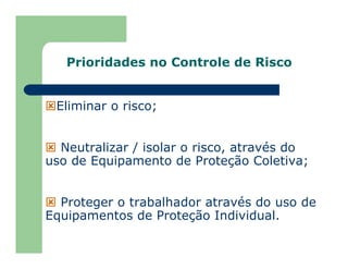 Prioridades no Controle de Risco
Eliminar o risco;
Neutralizar / isolar o risco, através do
uso de Equipamento de Proteção Coletiva;
Proteger o trabalhador através do uso de
Equipamentos de Proteção Individual.
 