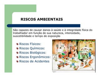 RISCOS AMBIENTAIS
São capazes de causar danos à saúde e à integridade física do
trabalhador em função de sua natureza, intensidade,
suscetibilidade e tempo de exposição
Riscos Físicos:
Riscos Químicos:
Riscos Biológicos:
Riscos Ergonômicos:
Riscos de Acidentes
 