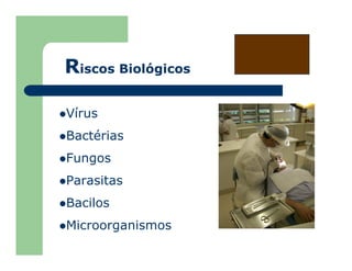 Vírus
Bactérias
Fungos
Parasitas
Bacilos
Microorganismos
Riscos Biológicos
 