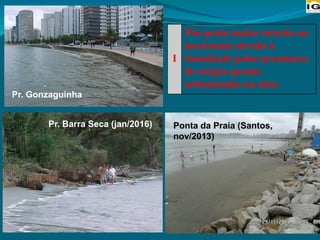I
Pós-praia muito estreita ou
inexistente devido à
inundação pelas preamares
de sizígia (praias
urbanizadas ou não)
Pr. Gonzaguinha
Pr. Barra Seca (jan/2016) Ponta da Praia (Santos,
nov/2013)
 