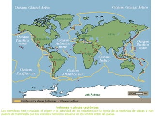 Volcanes y placas tectónicas
Los científicos han vinculado el origen y la actividad de los volcanes con la teoría de la tectónica de placas y han
puesto de manifiesto que los volcanes tienden a situarse en los límites entre las placas.
 