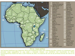 África: mapa político
Las fuerzas tectónicas que separaron África de Sudamérica hace 150 millones de años crearon un continente cuyo
principal rasgo topográfico es una vasta y ondulada meseta. Los científicos han encontrado en África
microorganismos fósiles de hace 3.200 millones de años, la evidencia de una de las primeras formas de vida en la
Tierra.
 