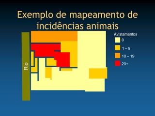 Exemplo de mapeamento de
    incidências animais
                   Avistamentos
                       0

                       1–9

                       10 – 19
                       20+
 