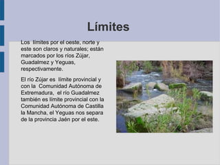 Límites
Los límites por el oeste, norte y
este son claros y naturales; están
marcados por los ríos Zújar,
Guadalmez y Yeguas,
respectivamente.
El río Zújar es límite provincial y
con la Comunidad Autónoma de
Extremadura, el río Guadalmez
también es límite provincial con la
Comunidad Autónoma de Castilla
la Mancha, el Yeguas nos separa
de la provincia Jaén por el este.
 