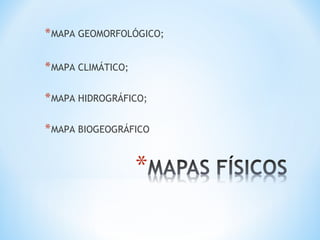 *MAPA GEOMORFOLÓGICO;
*MAPA CLIMÁTICO;
*MAPA HIDROGRÁFICO;
*MAPA BIOGEOGRÁFICO