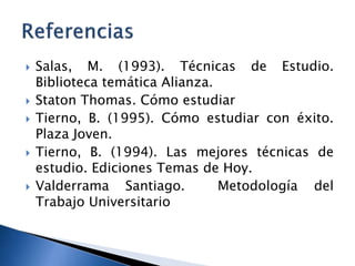  Salas, M. (1993). Técnicas de Estudio.
Biblioteca temática Alianza.
 Staton Thomas. Cómo estudiar
 Tierno, B. (1995). Cómo estudiar con éxito.
Plaza Joven.
 Tierno, B. (1994). Las mejores técnicas de
estudio. Ediciones Temas de Hoy.
 Valderrama Santiago. Metodología del
Trabajo Universitario
 