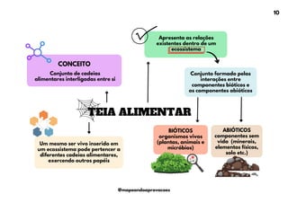 TEIA ALIMENTAR
Conjunto de cadeias
alimentares interligadas entre si
Apresenta as relações
existentes dentro de um
ecossistema
Um mesmo ser vivo inserido em
um ecossistema pode pertencer a
diferentes cadeias alimentares,
exercendo outros papéis
BIÓTICOS
organismos vivos
(plantas, animais e
micróbios)
CONCEITO
ABIÓTICOS
componentes sem
vida (minerais,
elementos físicos,
solo etc.)
Conjunto formado pelas
interações entre
componentes bióticos e
os componentes abióticos
10
@mapeandoaprovacoes
 
